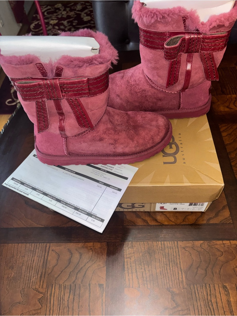 UGG Pink Suede Shearling Bow Ankle Boots